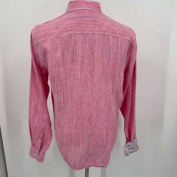 Bugatchi Men's Shirt 100% Linen L Large Pink Striped Long Sleeve Button-Down Sha - Picture 8 of 8